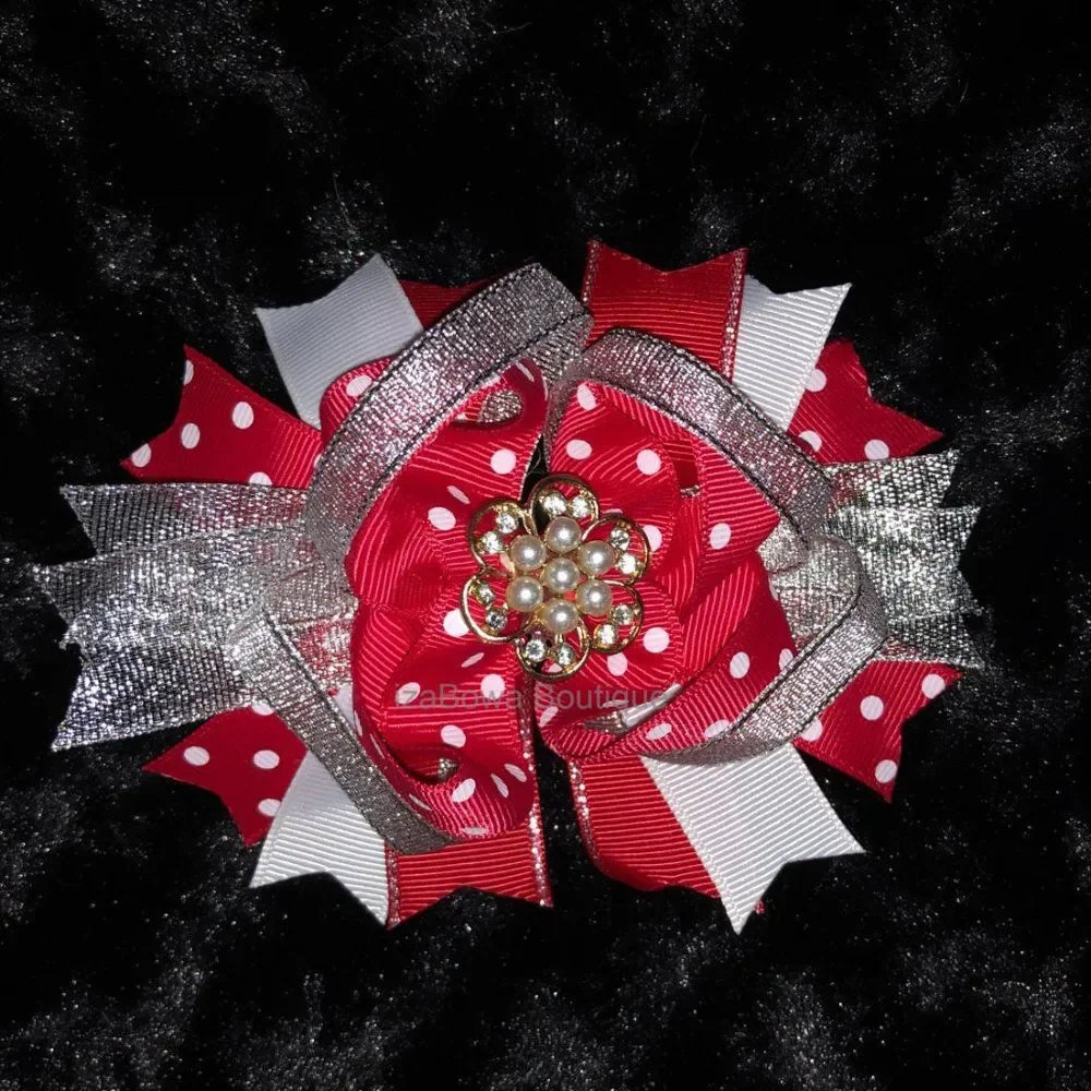 Red & White Deluxe Bow with Pearl Center 5B1781 Handmade NWT Boutique